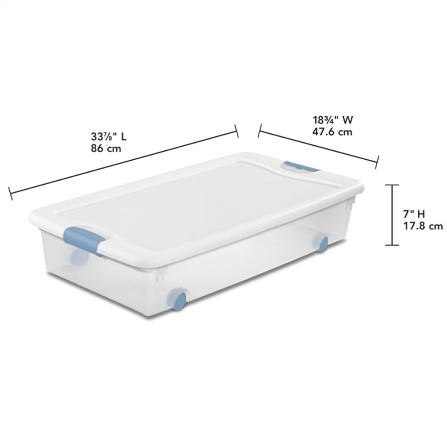 Sterilite 56 Qt Wheeled Latching Storage Box, Stackable Bin with Latch Lid, Plastic Container to Organize Shoes Underbed, Clear with White Lid, 4-Pack