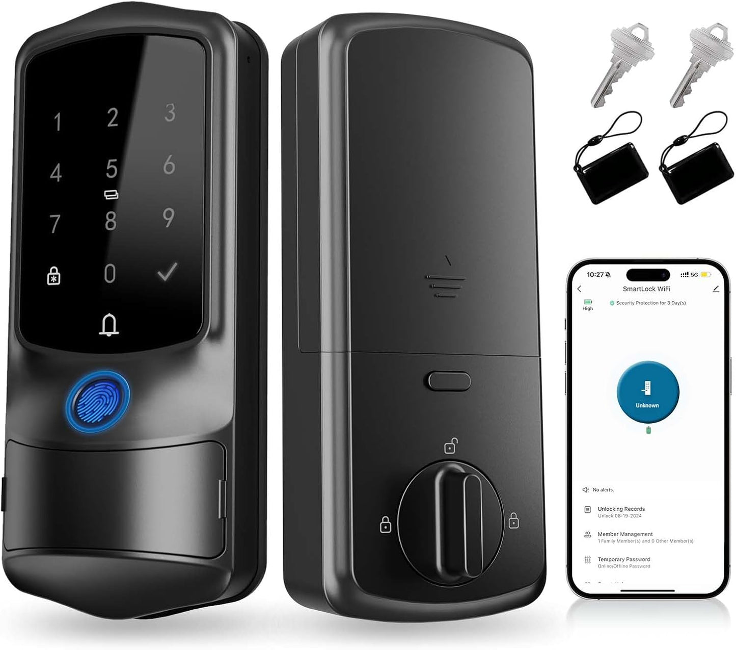 Smart Front Door Lock, Fingerprint Keyless Entry Door Lock with TUYA App Control, Auto Lock, Electronic Digital Locks with Touch Keypad, IP65 - Black