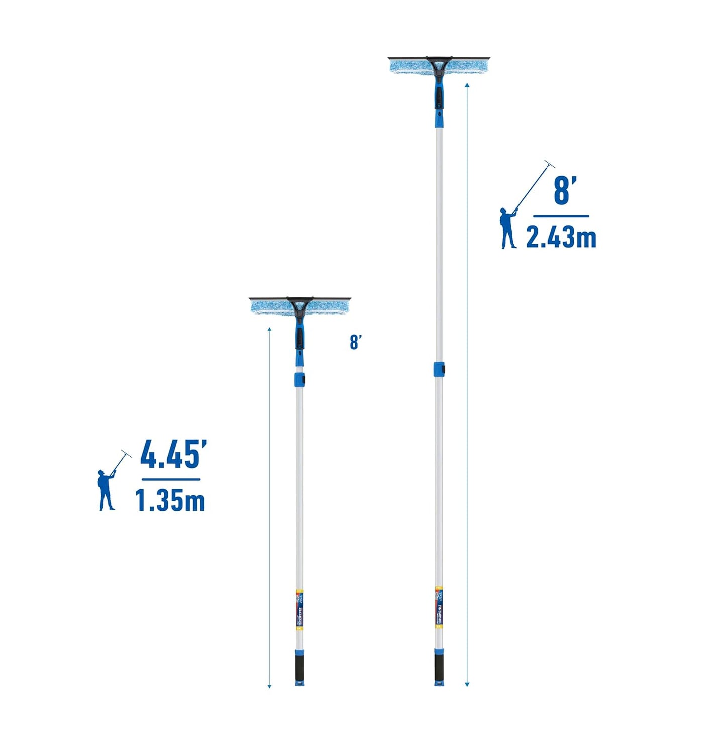 Professional 2-in-1 Squeegee and Scrubber, 14” Window Cleaning Tool and 8’ Connect & Clean Pole, Essential Glass Supplies for Commercial and Residential Use, Microfiber Sleeve
