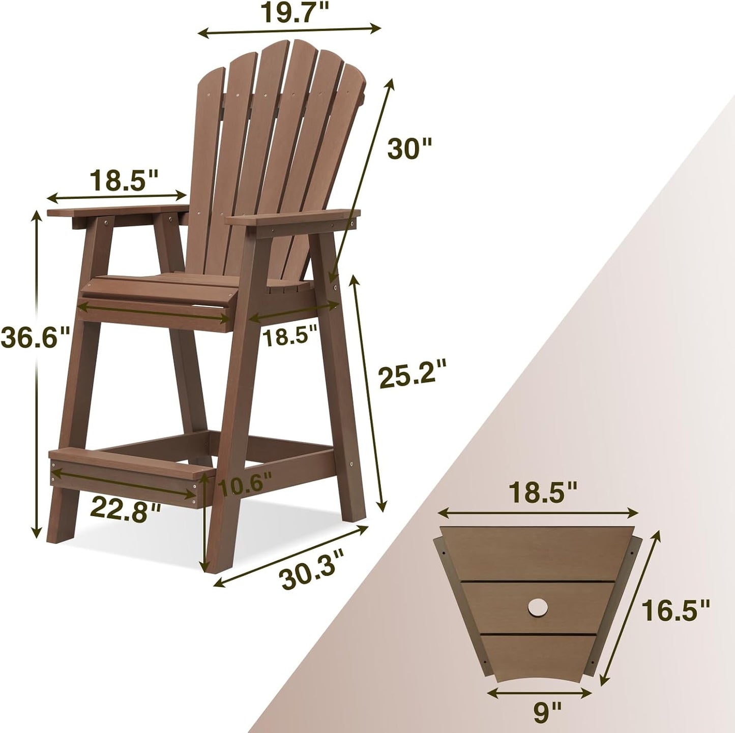 Psilvam Tall Adirondack Chair Set of 2, Poly Lumber Outdoor Bar Stools with Connecting Tray, 350Lbs Support Patio Chairs for Deck, Weather Resistant Outdoor Patio Furniture Sets (Brown)