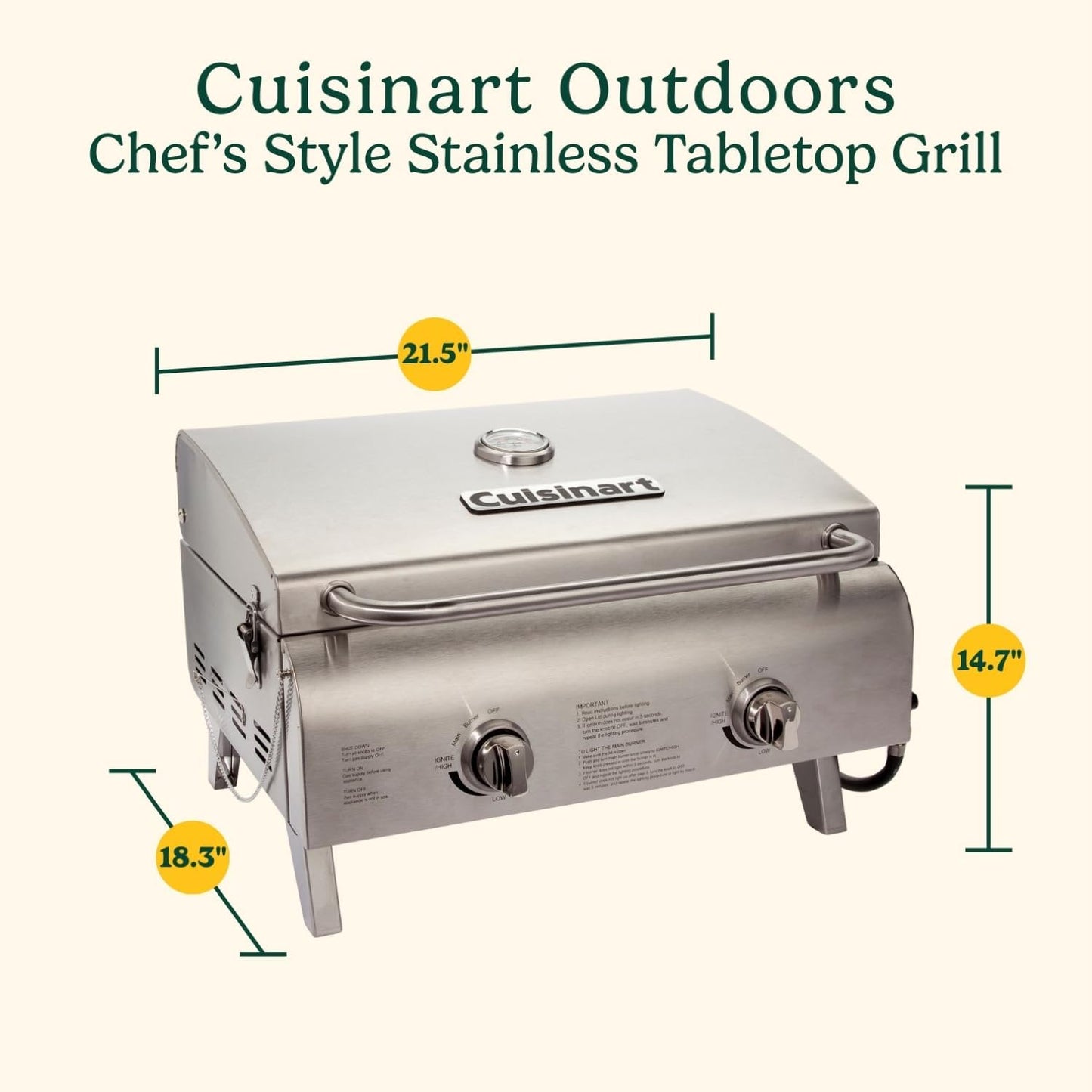 Cuisinart Chef's Style Tabletop Portable Propane Gas Grill with Dual Burners (20,000 BTUs Total), Twist-Start Ignition Stainless Steel BBQ Grill for Camping, Tailgates, BBQ, Hassle-Free Setup
