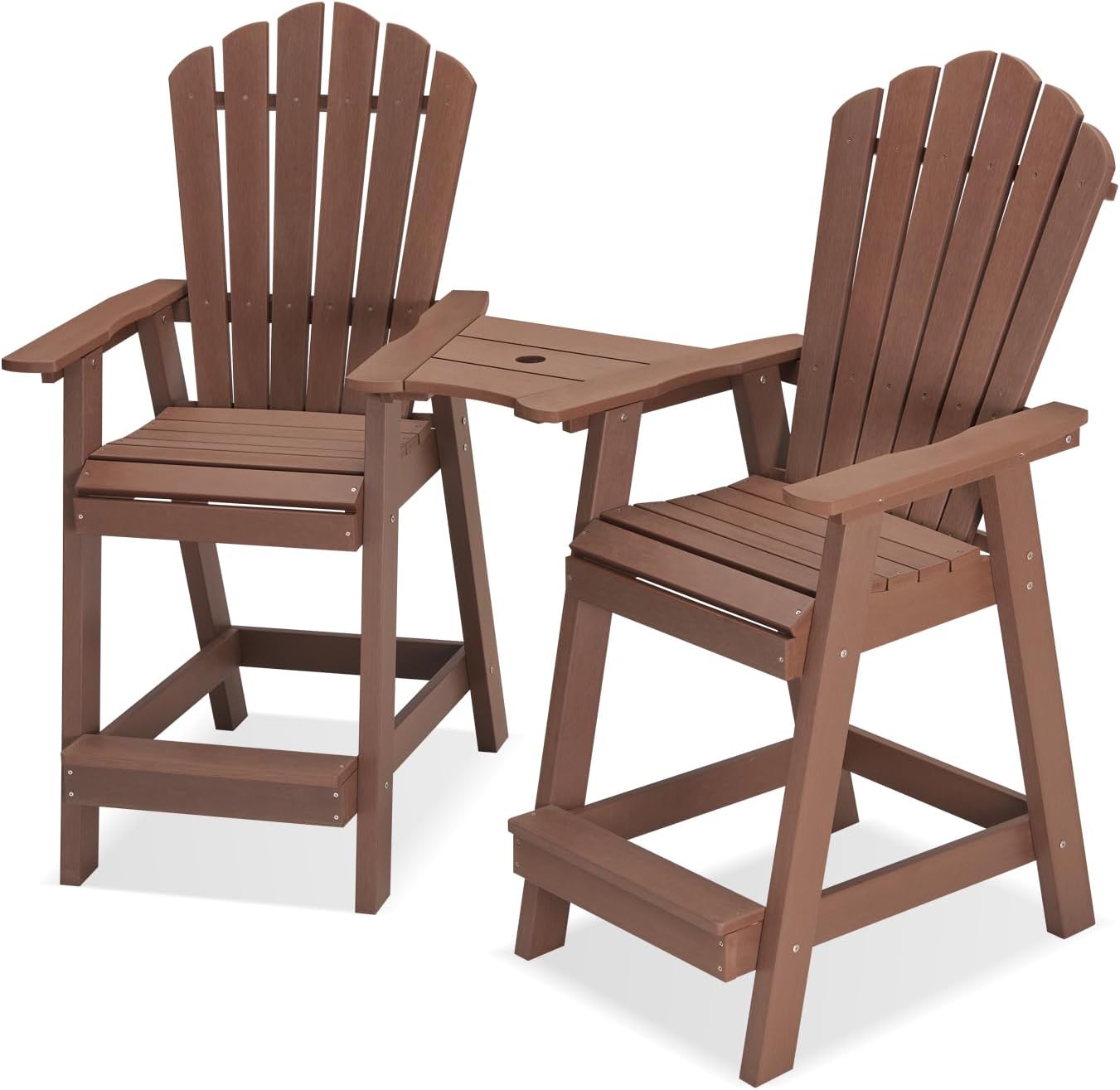 Psilvam Tall Adirondack Chair Set of 2, Poly Lumber Outdoor Bar Stools with Connecting Tray, 350Lbs Support Patio Chairs for Deck, Weather Resistant Outdoor Patio Furniture Sets (Brown)