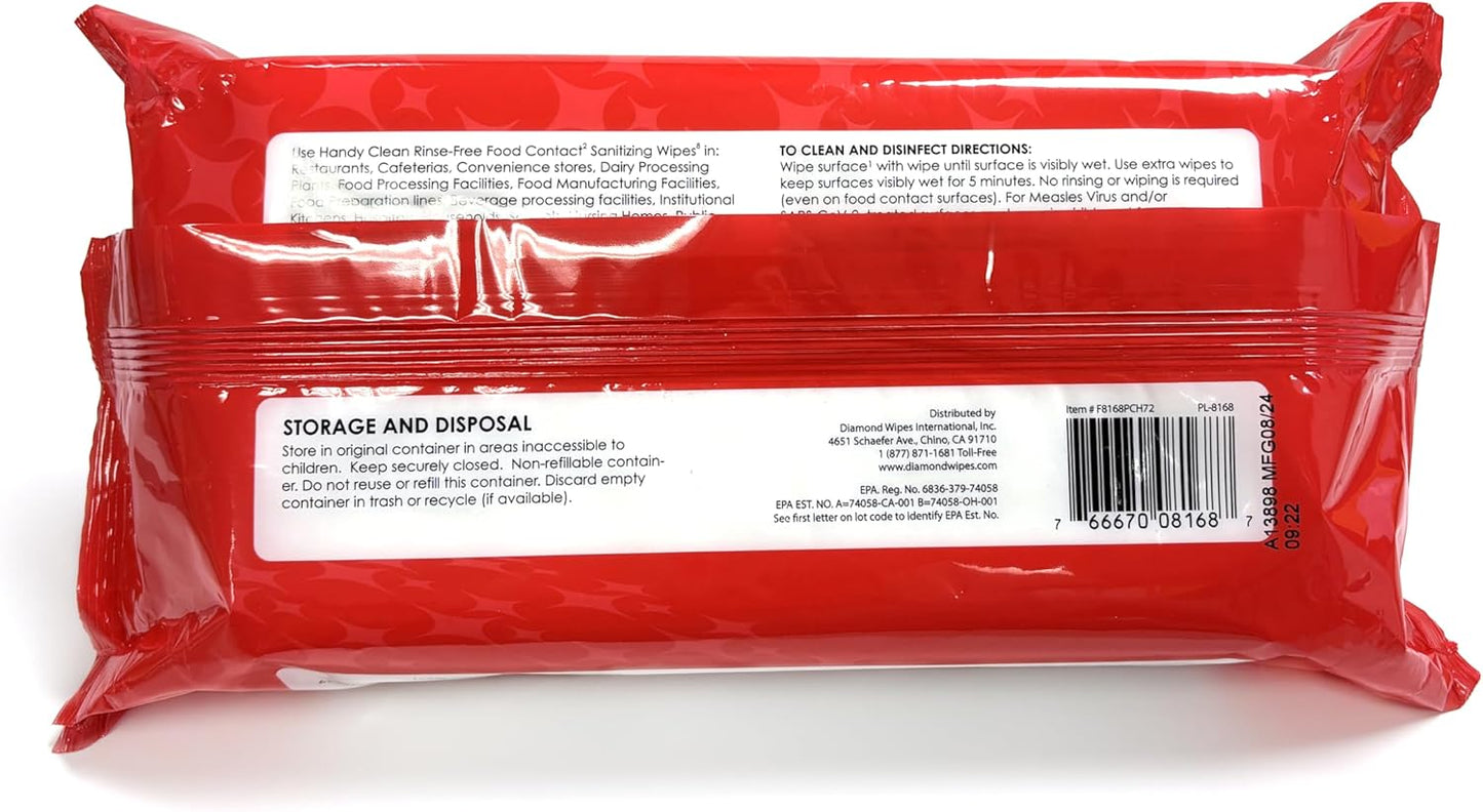 HandyClean Rinse-Free Food Contact Sanitizing Wipes Pouch, Multi Surface Cleaning Supplies for Kitchen and Professional Setting (72 Wipes Each)