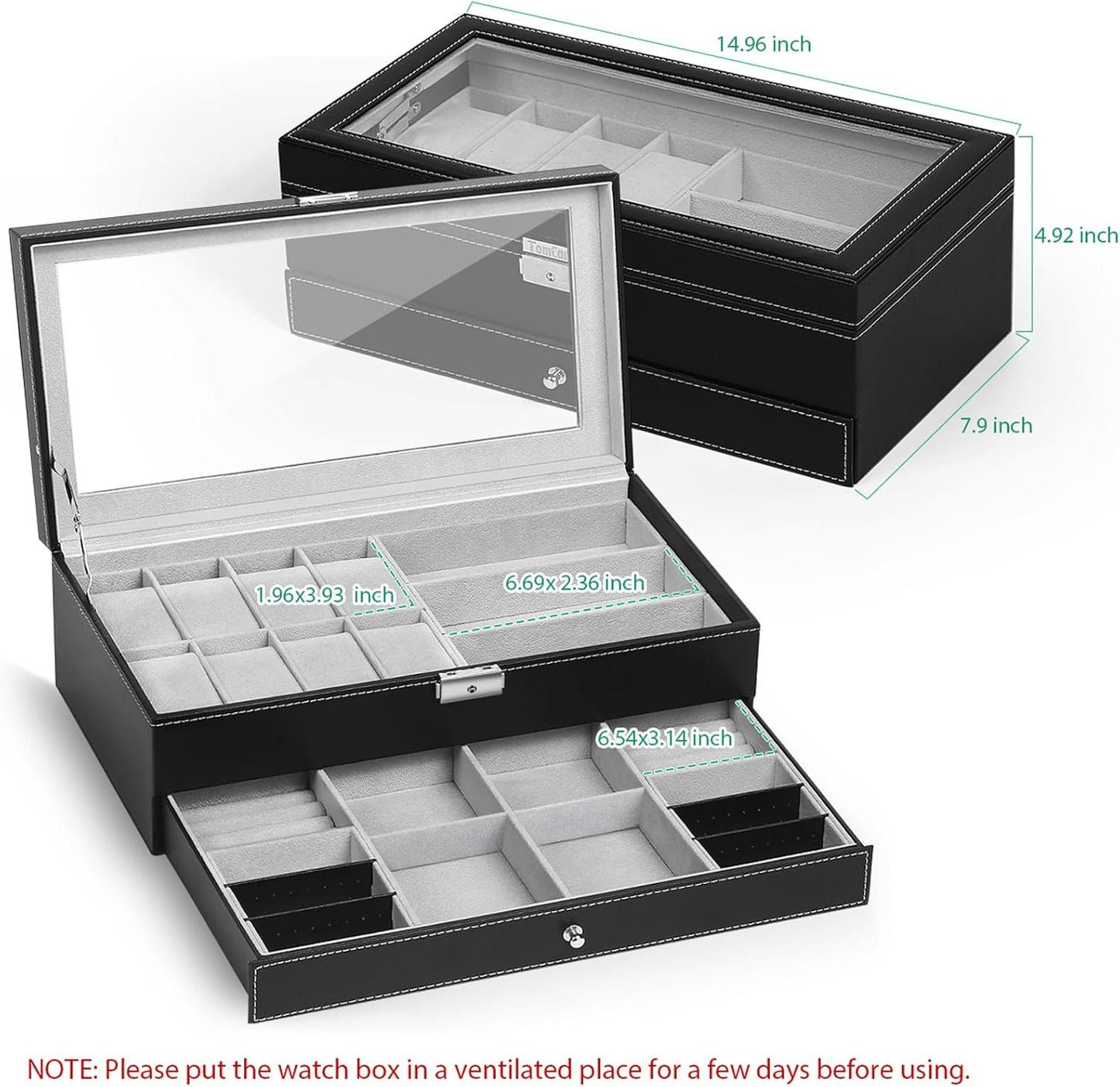 TomCare Watch Box Watch Case Jewelry Organizer Holder Jewelry Display Box Case Sunglasses Storage Organizer Lockable with Glass Top and PU Leather for Men Women, Black