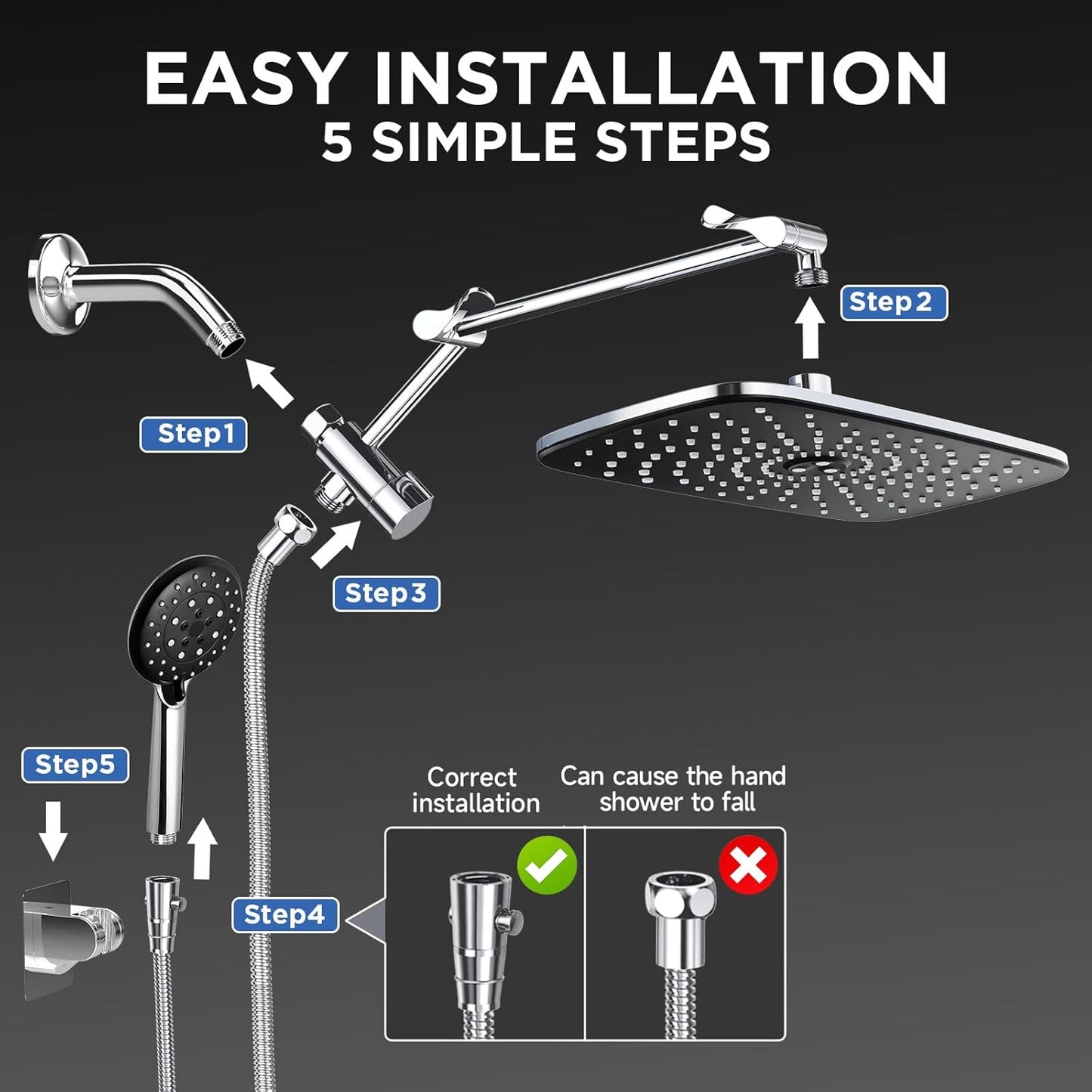 G-Promise All Metal 8 Inch Dual Square Shower Head with Handheld Spray Combo, Rain Shower Head, Adjustable Extension Arm, Smooth 3-Way Diverter, 71 Inch Extra Long Hose - A Bathroom Upgrade (Chrome)