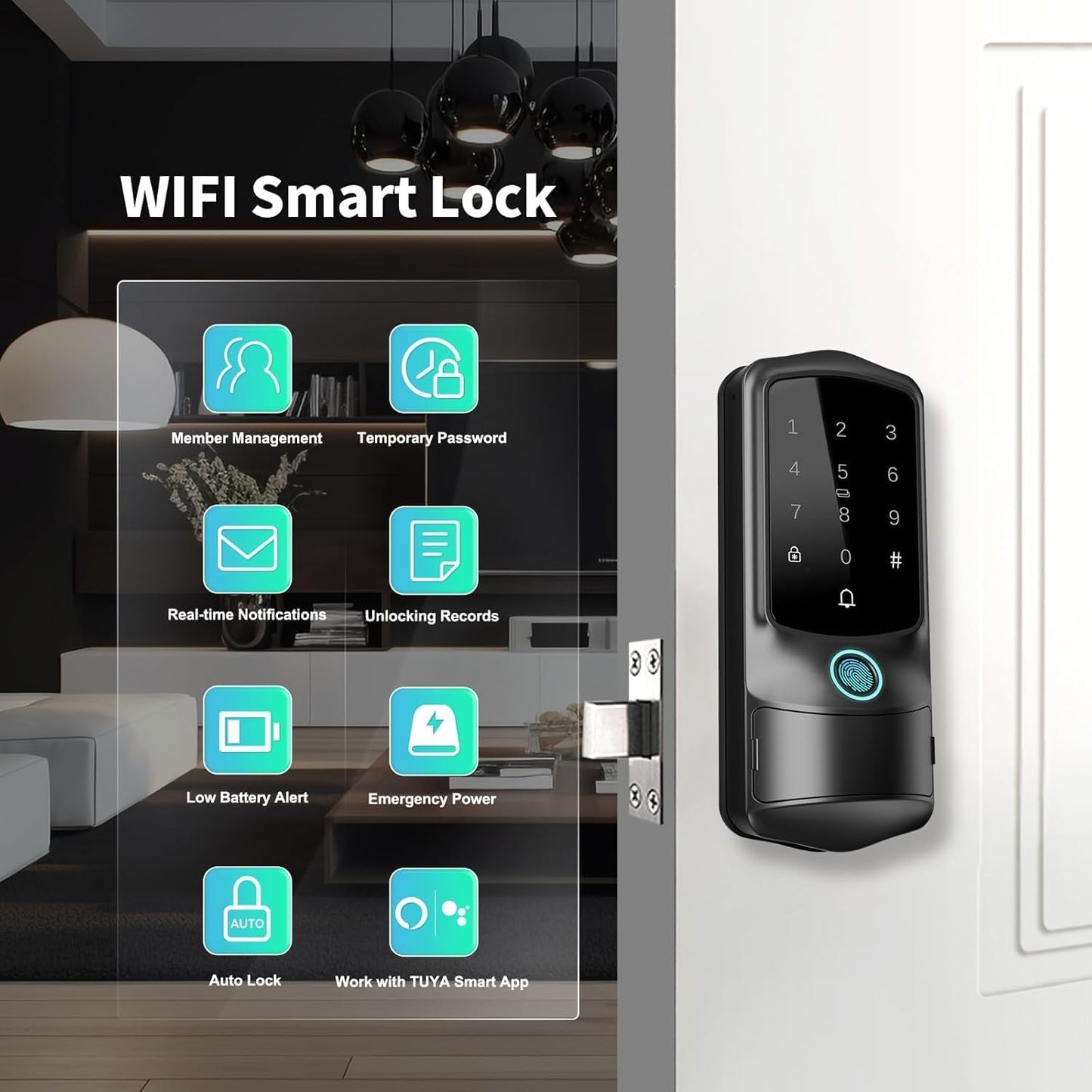 Smart Front Door Lock, Fingerprint Keyless Entry Door Lock with TUYA App Control, Auto Lock, Electronic Digital Locks with Touch Keypad, IP65 - Black