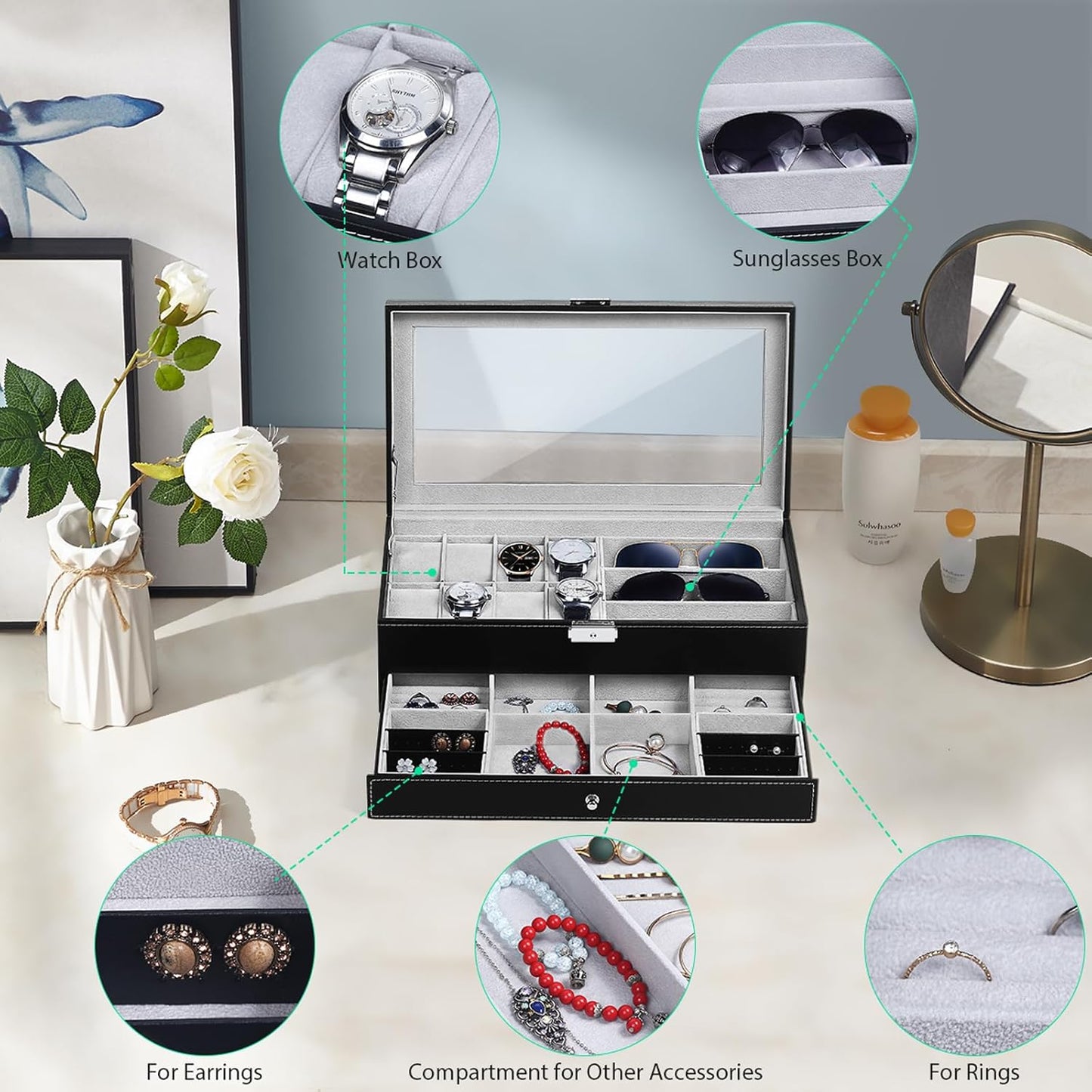 TomCare Watch Box Watch Case Jewelry Organizer Holder Jewelry Display Box Case Sunglasses Storage Organizer Lockable with Glass Top and PU Leather for Men Women, Black