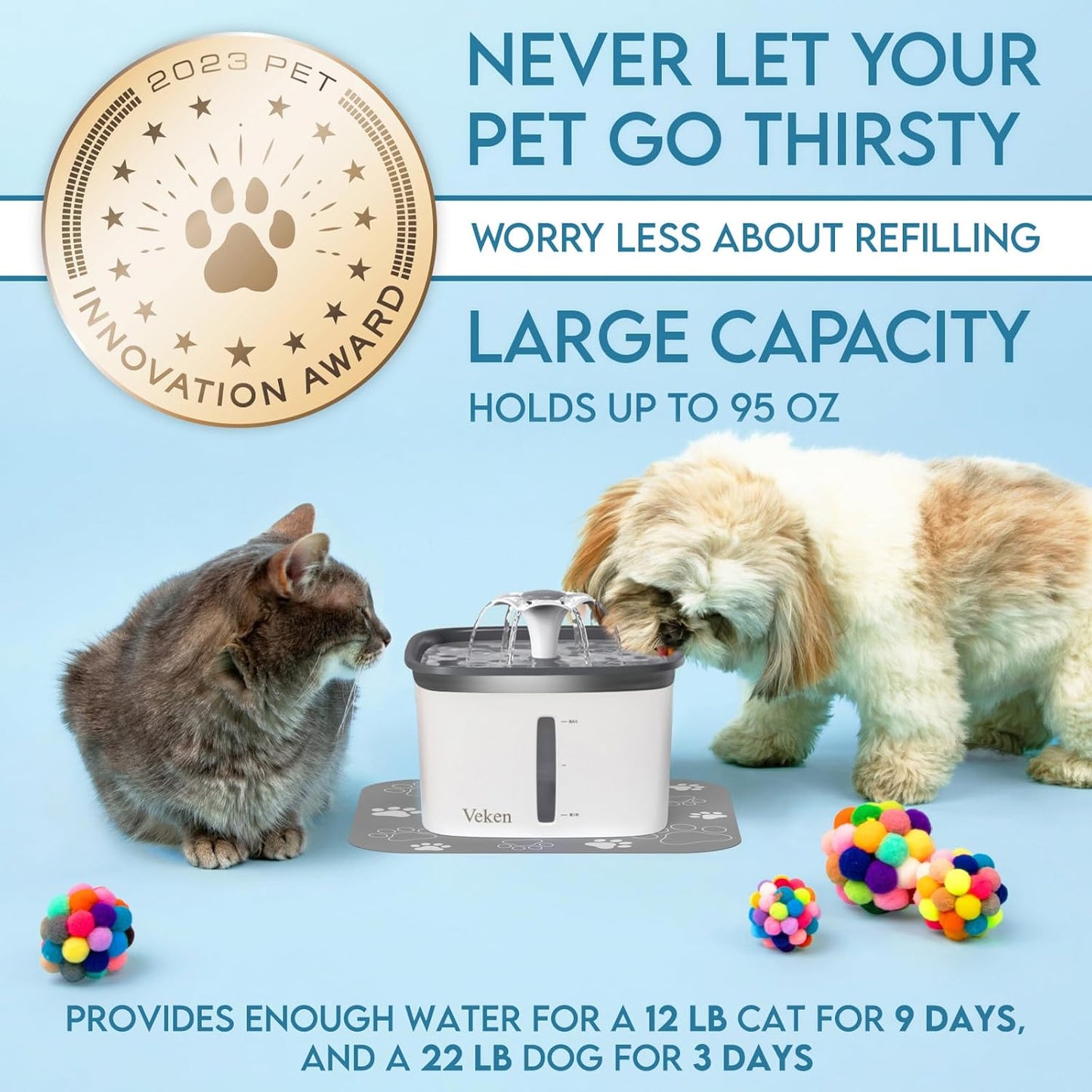 Veken Innovation Award Winner 95oz/2.8L Pet Fountain, Automatic Cat Water Fountain Dog Water Dispenser with Replacement Filters for Cats, Dogs, Multiple Pets (Grey, Plastic)