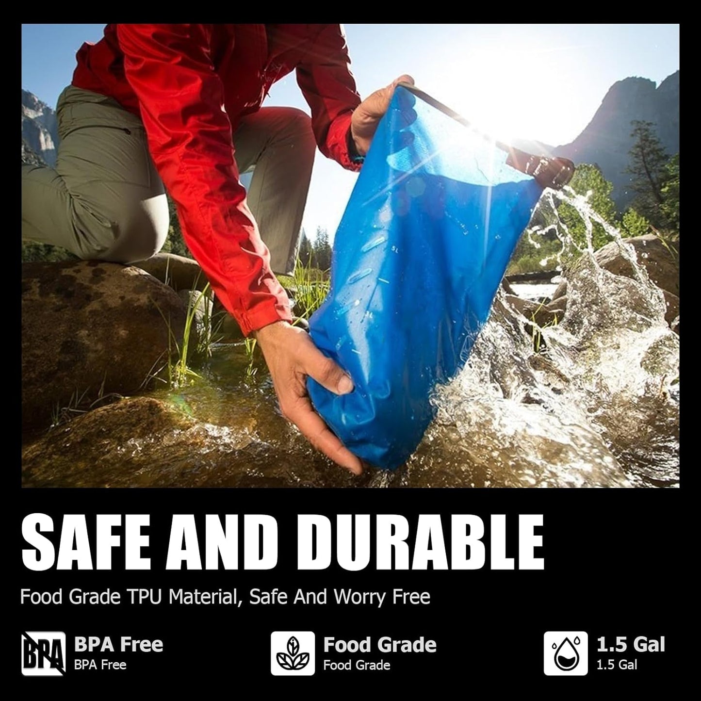 Gravity Water Filter Straw, 1.5 Gal Camping Water Filtration System with 1L Hiking Collapsible Water Bottles and Water Filter Straw for Travel, Backpacking, Emergency Preparedness, Blue