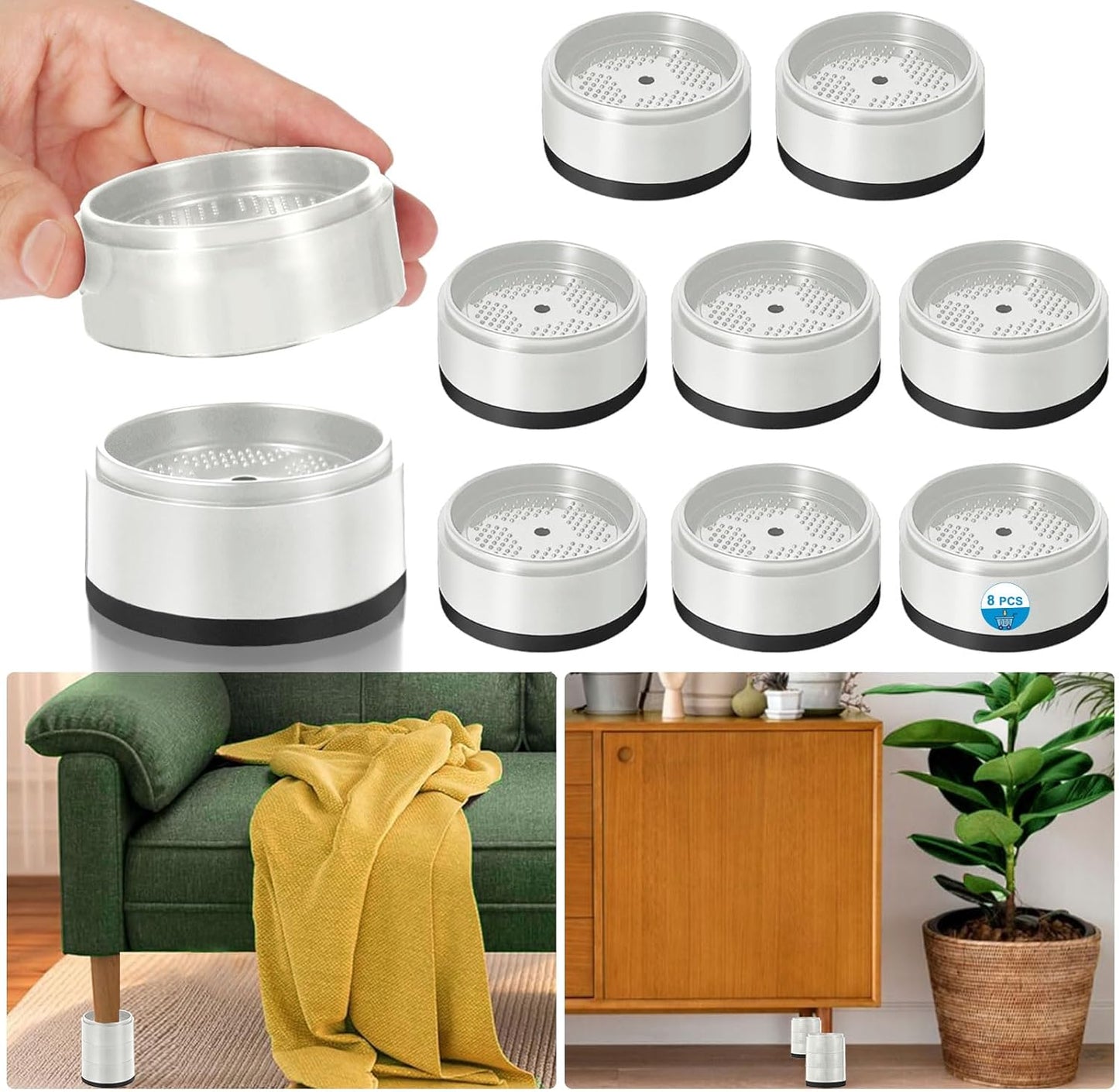 8 Pack Furniture Risers 1 Inch, Adjustable Bed Risers Heavy Duty for Table Desk Couch Chair Sofa Cabinet Bed Legs Dorm, Round Stackable Bed Raisers Blocks Lift Height 1", 2" or 3", White