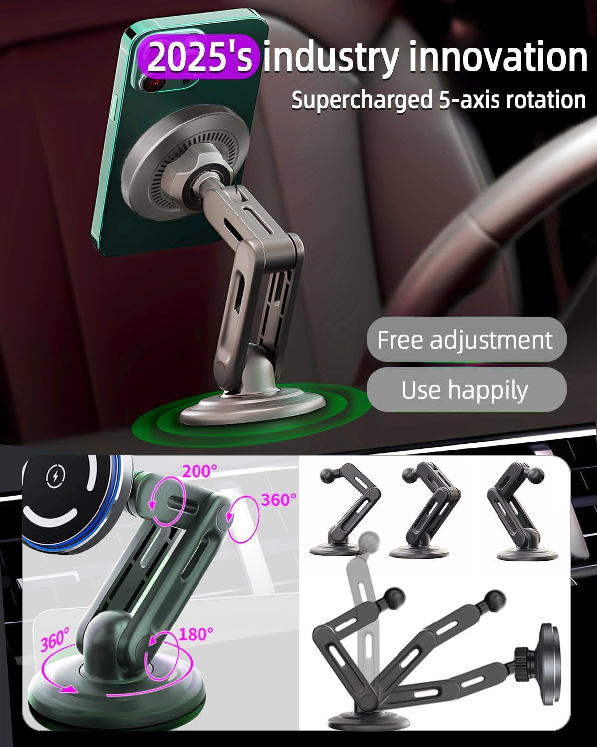 Qi2 15W for MagSafe Car Mount Charger, LED Ambient Light, Retractable with Long Arm & 360Rotation, Dash Magnetic Wireless Car Charger, Car Phone Holder Mount for iPhone