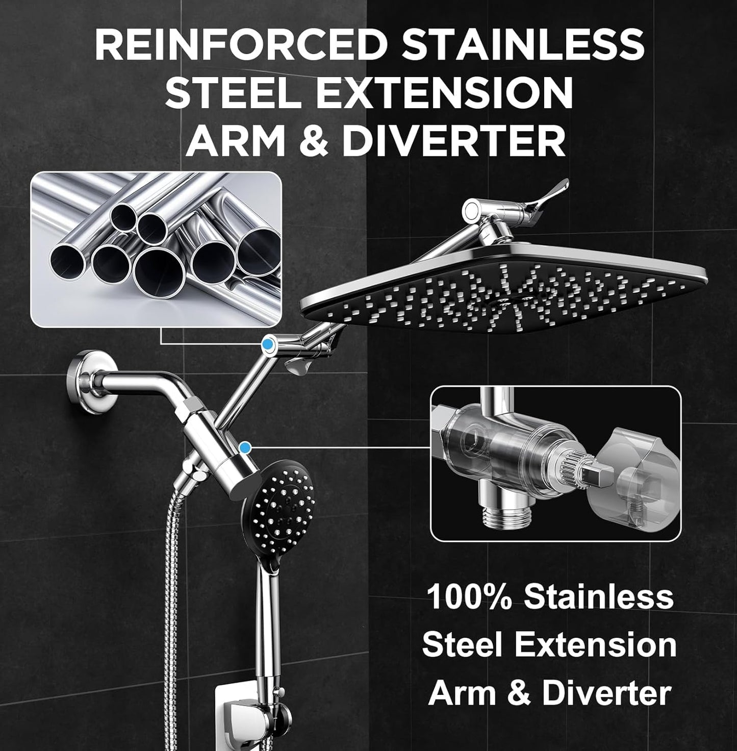 G-Promise All Metal 8 Inch Dual Square Shower Head with Handheld Spray Combo, Rain Shower Head, Adjustable Extension Arm, Smooth 3-Way Diverter, 71 Inch Extra Long Hose - A Bathroom Upgrade (Chrome)