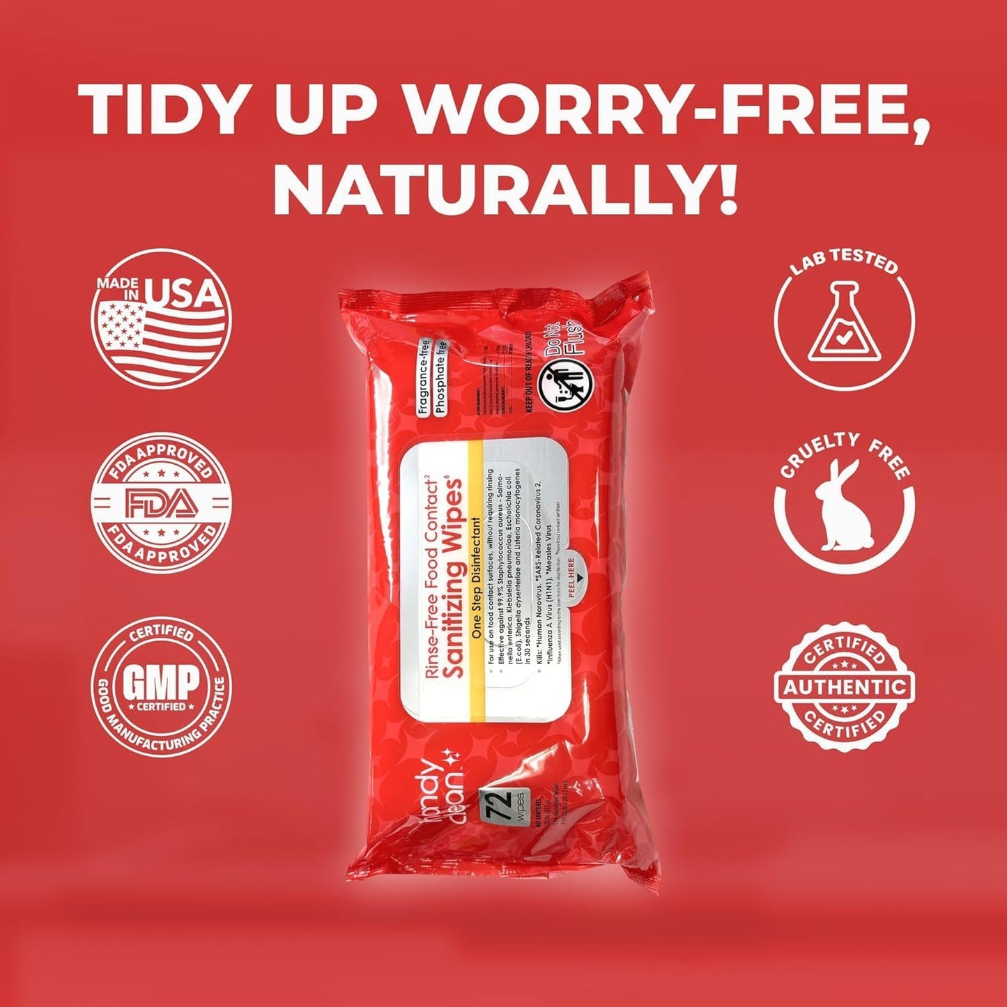 HandyClean Rinse-Free Food Contact Sanitizing Wipes Pouch, Multi Surface Cleaning Supplies for Kitchen and Professional Setting (72 Wipes Each)
