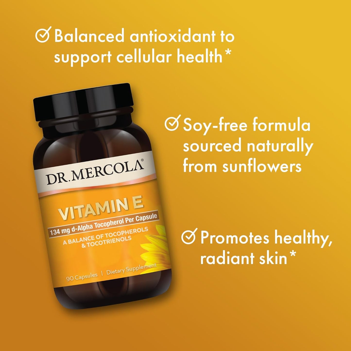 Dr. Mercola Vitamin E, 90 Servings (90 Capsules), 134 mg Per Capsule, Dietary Supplement, Supports Healthy Skin, Non-GMO