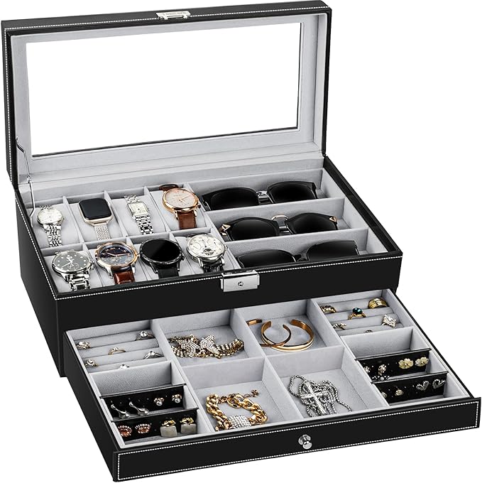 TomCare Watch Box Watch Case Jewelry Organizer Holder Jewelry Display Box Case Sunglasses Storage Organizer Lockable with Glass Top and PU Leather for Men Women, Black