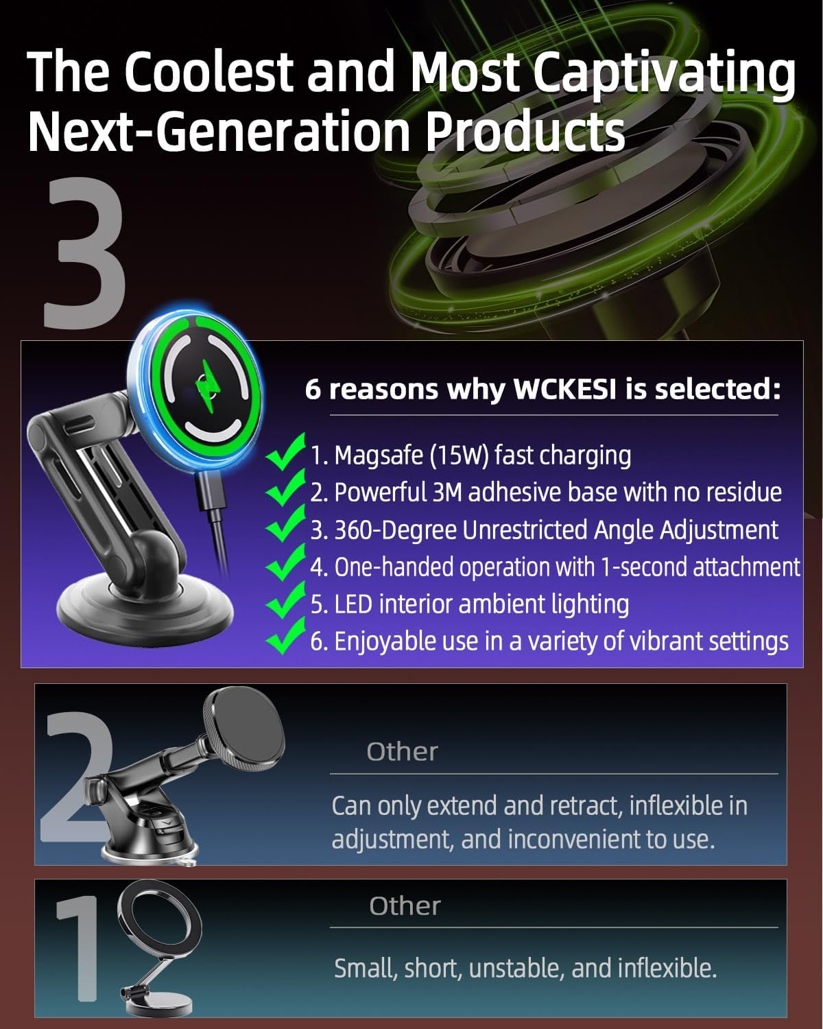 Qi2 15W for MagSafe Car Mount Charger, LED Ambient Light, Retractable with Long Arm & 360Rotation, Dash Magnetic Wireless Car Charger, Car Phone Holder Mount for iPhone