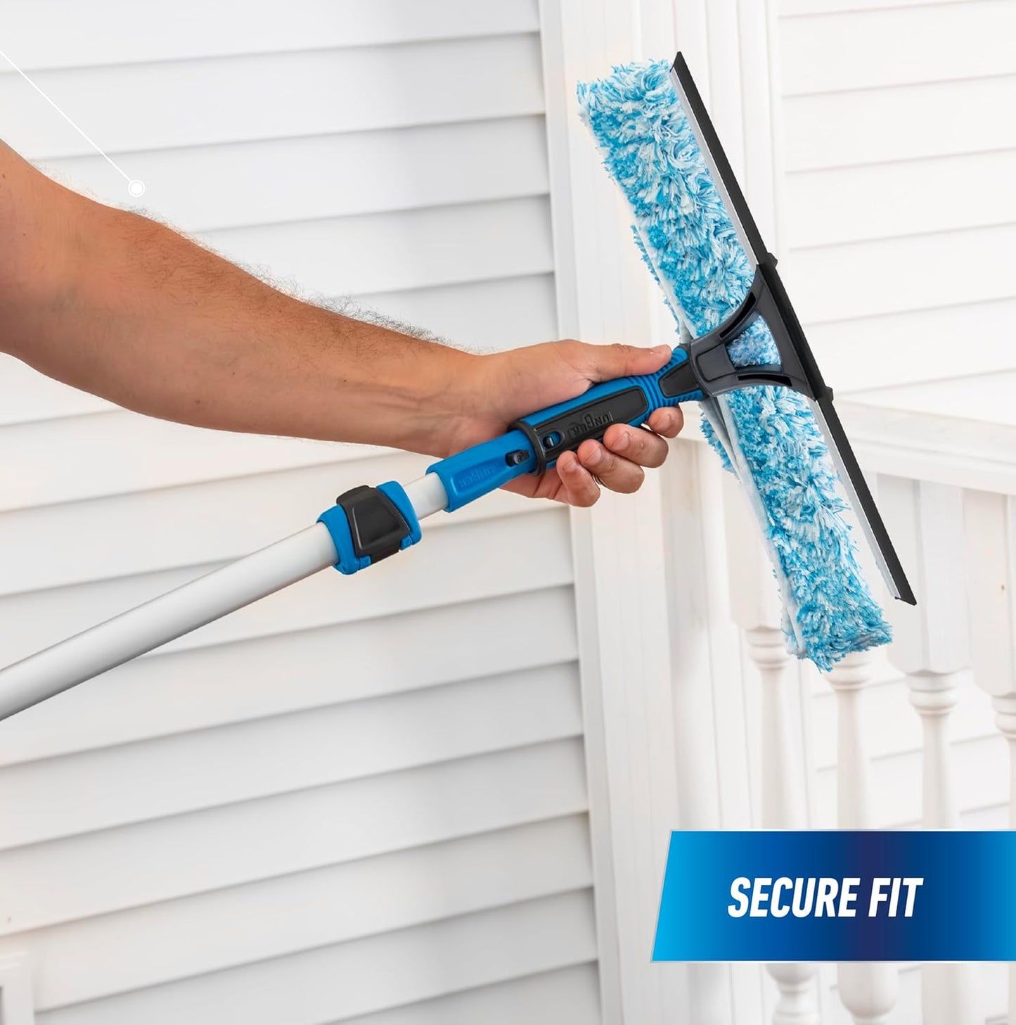 Professional 2-in-1 Squeegee and Scrubber, 14” Window Cleaning Tool and 8’ Connect & Clean Pole, Essential Glass Supplies for Commercial and Residential Use, Microfiber Sleeve