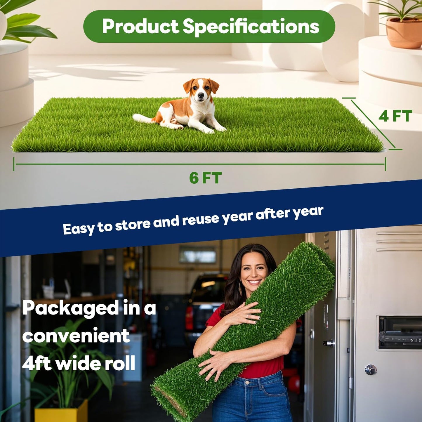 Artificial Grass Turf 4x6 FT, 1.38" Thickened Realistic Fake Grass Mat, Indoor/Outdoor Synthetic Lawn with Drainage Holes, UV Resistant Low Maintenance Carpet for Garden, Patio, Pets