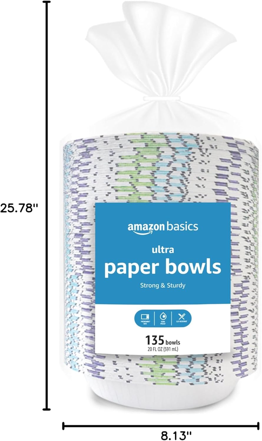 Amazon Basics Ultra Paper Bowls, 20 Oz, Disposable, 540 Count (4 packs of 135), White (Previously Encore)