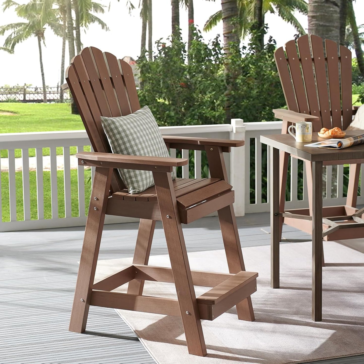 Psilvam Tall Adirondack Chair Set of 2, Poly Lumber Outdoor Bar Stools with Connecting Tray, 350Lbs Support Patio Chairs for Deck, Weather Resistant Outdoor Patio Furniture Sets (Brown)
