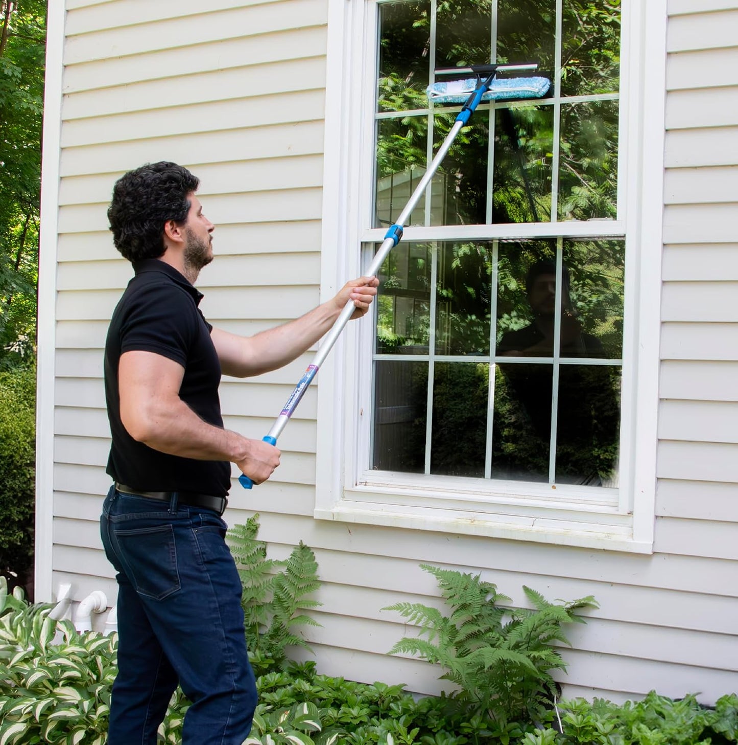 Professional 2-in-1 Squeegee and Scrubber, 14” Window Cleaning Tool and 8’ Connect & Clean Pole, Essential Glass Supplies for Commercial and Residential Use, Microfiber Sleeve