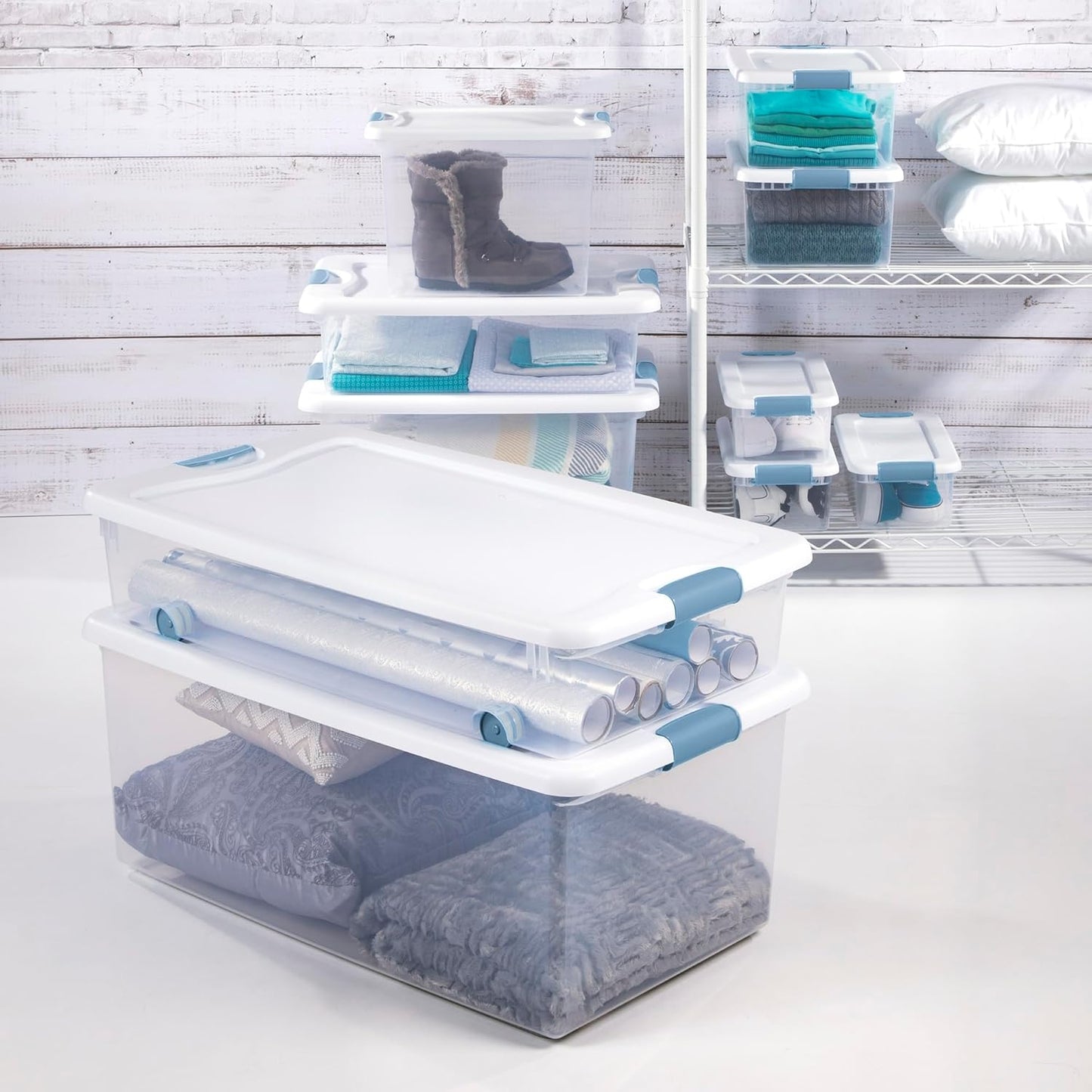 Sterilite 56 Qt Wheeled Latching Storage Box, Stackable Bin with Latch Lid, Plastic Container to Organize Shoes Underbed, Clear with White Lid, 4-Pack