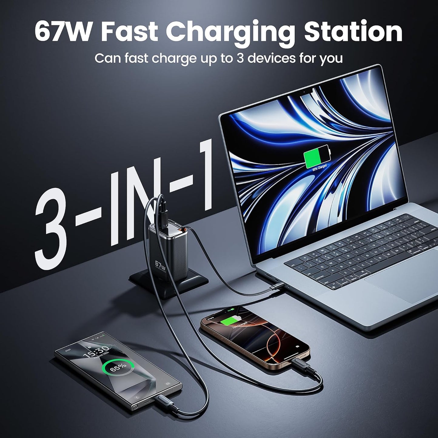 USB C Wall Charger 67W, Compact Foldable Charger with Retractable Type-C Cable for MacBook, iPad Pro, Galaxy S24, iPhone 16/15 and More Series