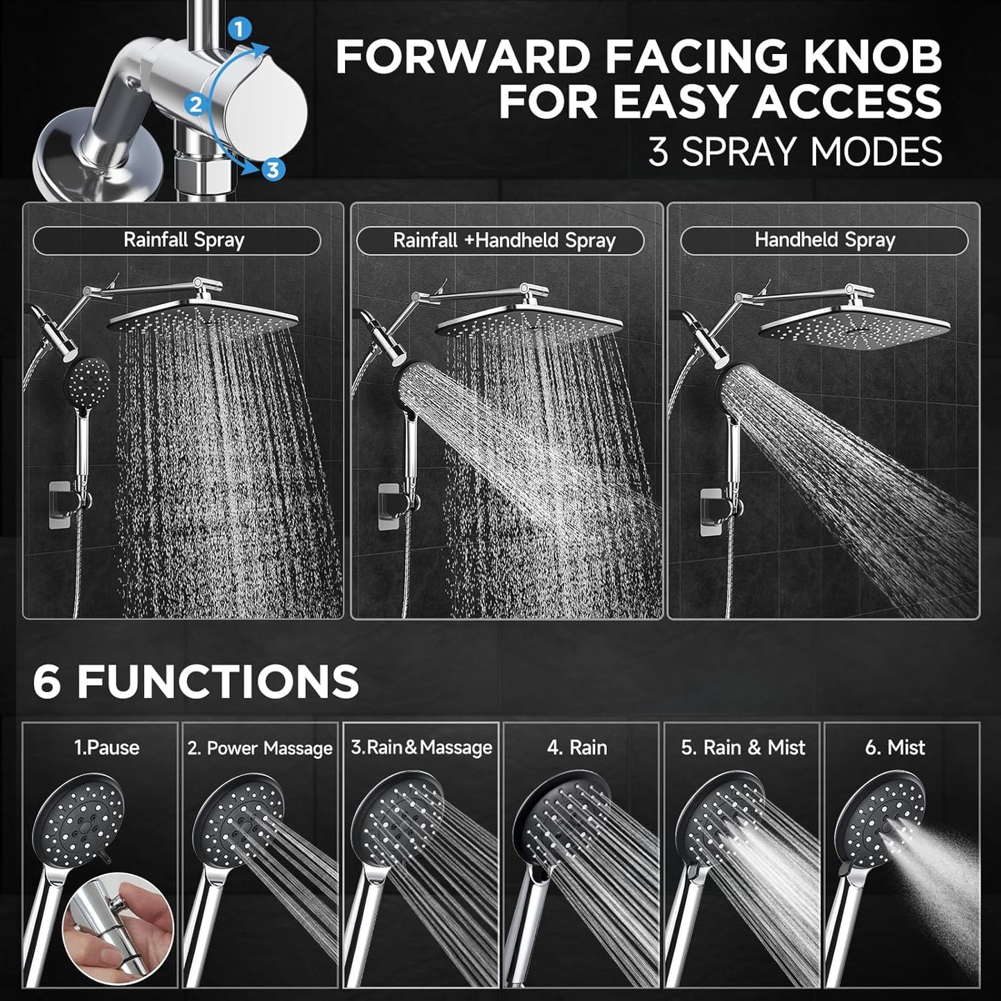G-Promise All Metal 8 Inch Dual Square Shower Head with Handheld Spray Combo, Rain Shower Head, Adjustable Extension Arm, Smooth 3-Way Diverter, 71 Inch Extra Long Hose - A Bathroom Upgrade (Chrome)