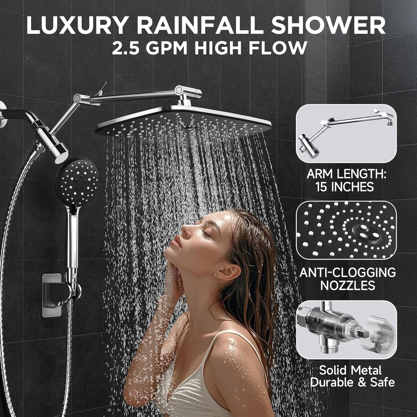 G-Promise All Metal 8 Inch Dual Square Shower Head with Handheld Spray Combo, Rain Shower Head, Adjustable Extension Arm, Smooth 3-Way Diverter, 71 Inch Extra Long Hose - A Bathroom Upgrade (Chrome)