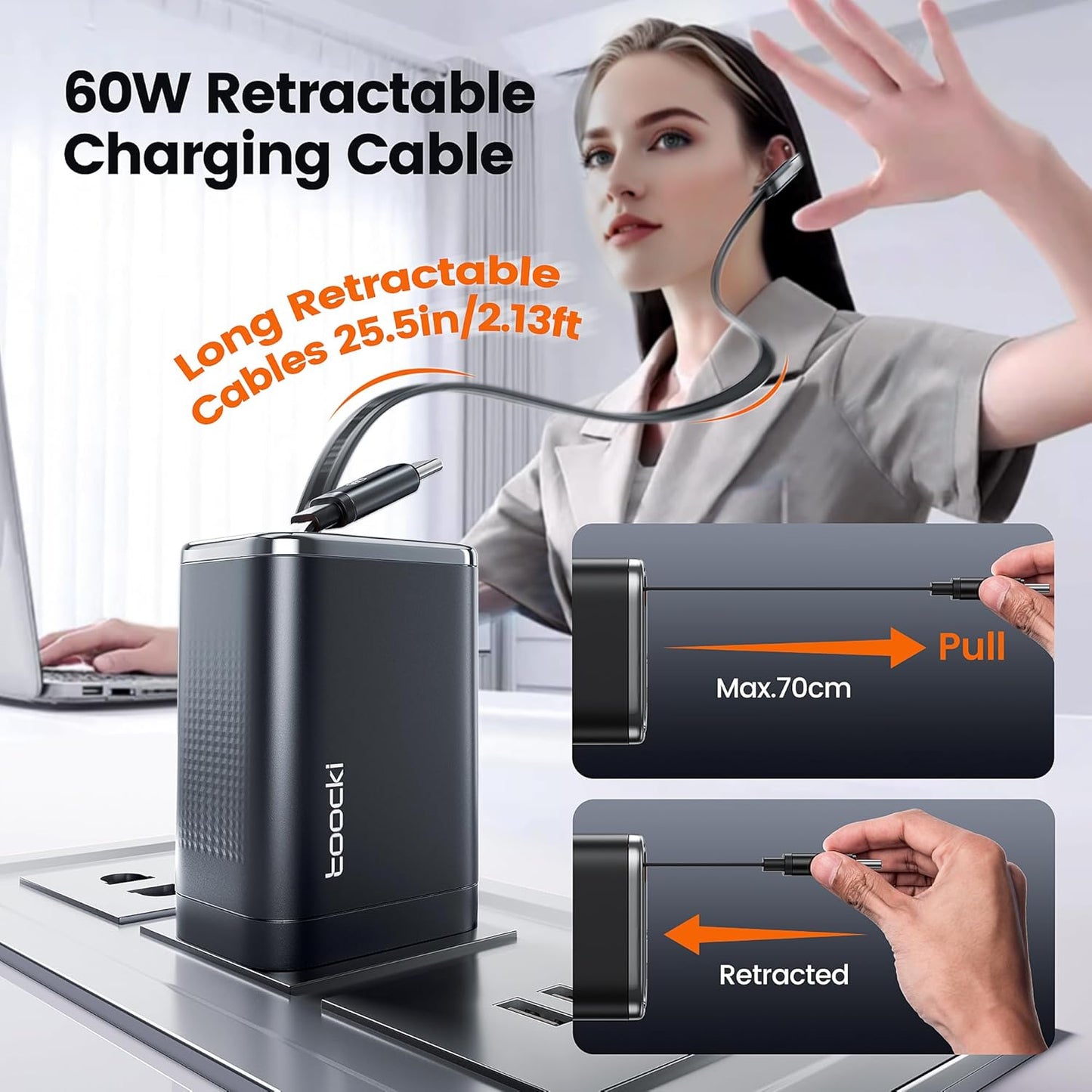 USB C Wall Charger 67W, Compact Foldable Charger with Retractable Type-C Cable for MacBook, iPad Pro, Galaxy S24, iPhone 16/15 and More Series