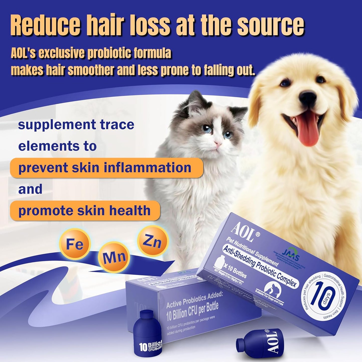 AOL Blue Bottle Probiotics - for Dogs and Cats with Hair Loss Symptoms, containing Iron + Zinc + Manganese - Improves Hair Shine - Improves intestinal Health and Immunity - Relieves Diarrhea