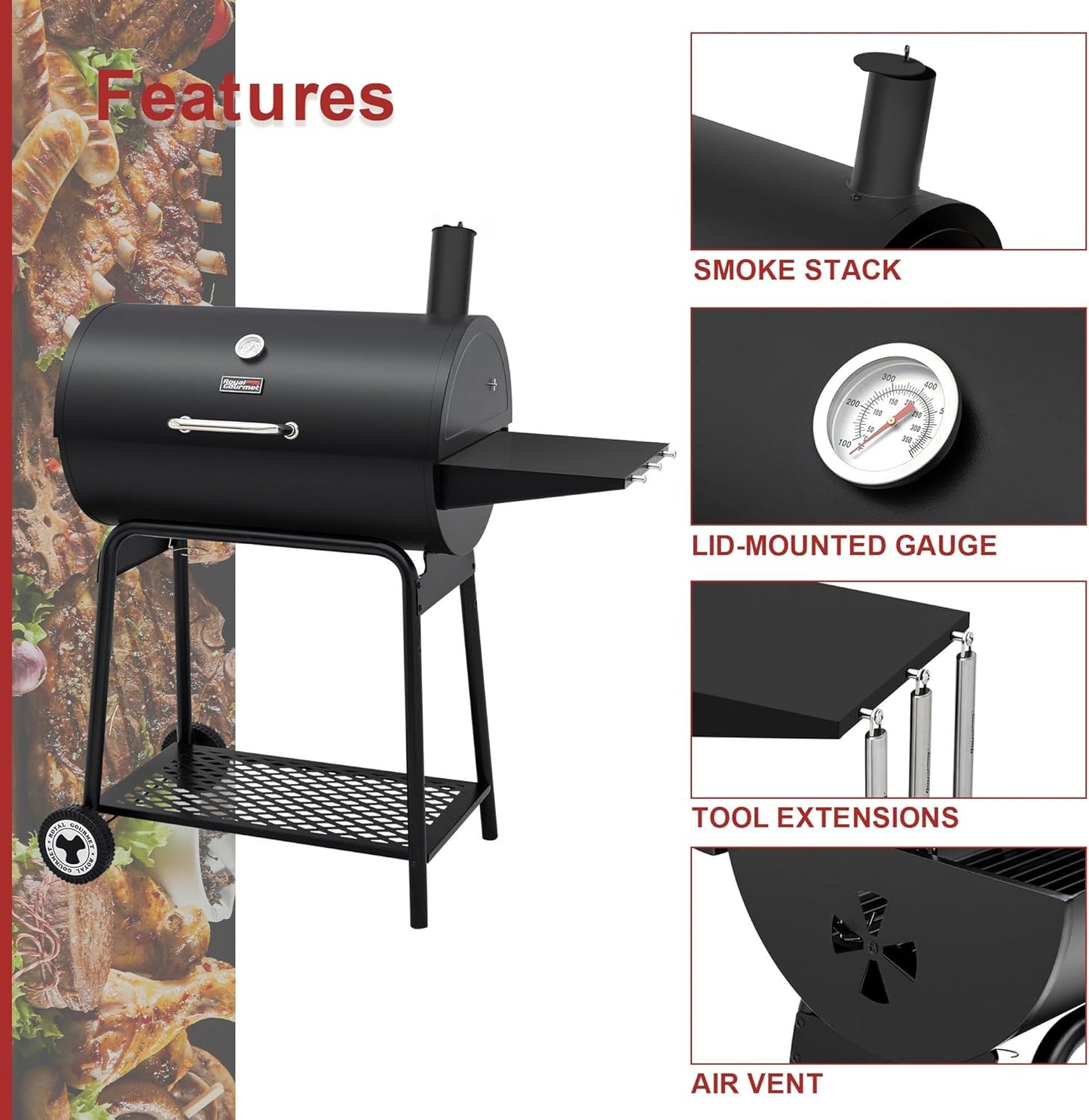 Royal Gourmet CC1830 30 Inch Barrel Charcoal Grill with Warming Rack, Outdoor BBQ Grill with 627 Sq. In. Grilling Space for Backyard, Patio and Parties, Black