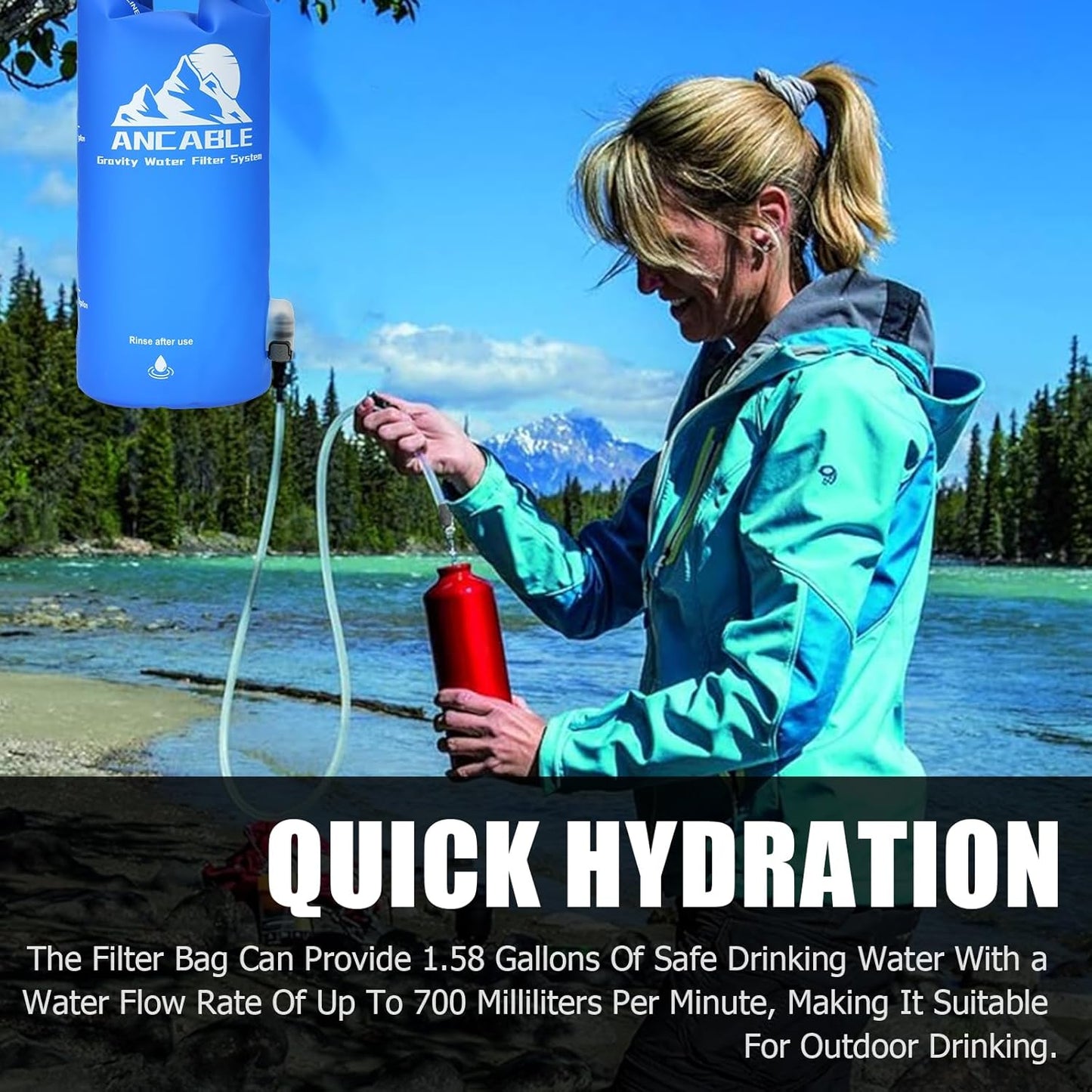 Gravity Water Filter Straw, 1.5 Gal Camping Water Filtration System with 1L Hiking Collapsible Water Bottles and Water Filter Straw for Travel, Backpacking, Emergency Preparedness, Blue