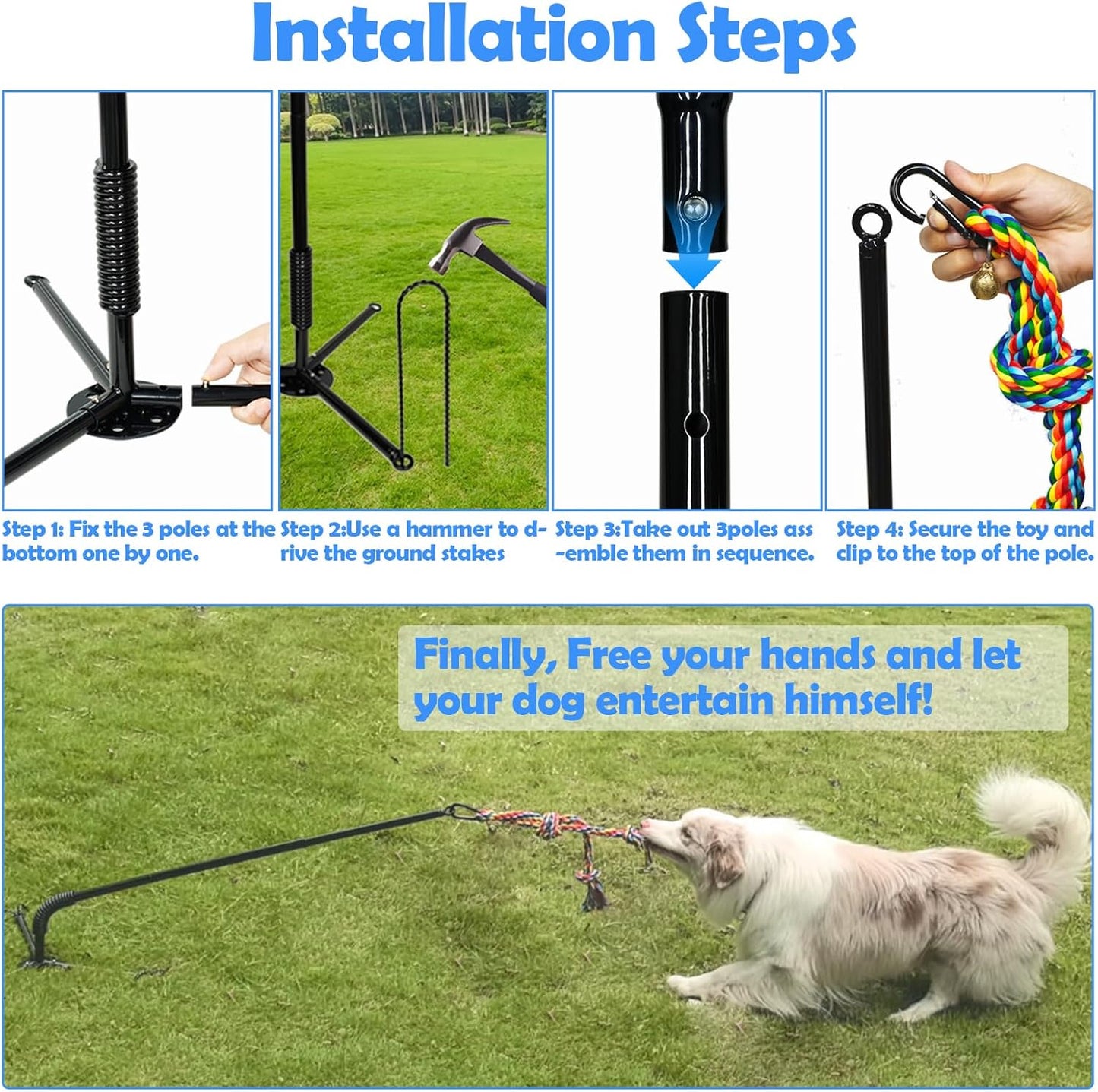 Tether Tug Outdoor Dog Toy,Interactive Exercise Game in Yard Park Tug of War for Large Medium Small Dog with 2 Rope Toy and Bell Pull Chase and Solo Play