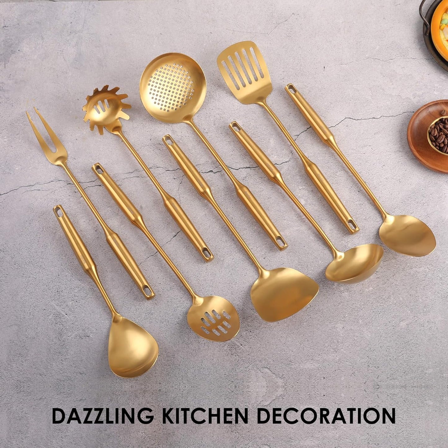 Gold Kitchen Utensils Set - 18/10 Stainless Steel Cooking Tools, 15" All Metal Serving Utensils with Fork, Solid/Slotted Spoon, Spatula, Ladle, Skimmer, Tunner, Pasta Spoon, Large Spoon, Set of 9