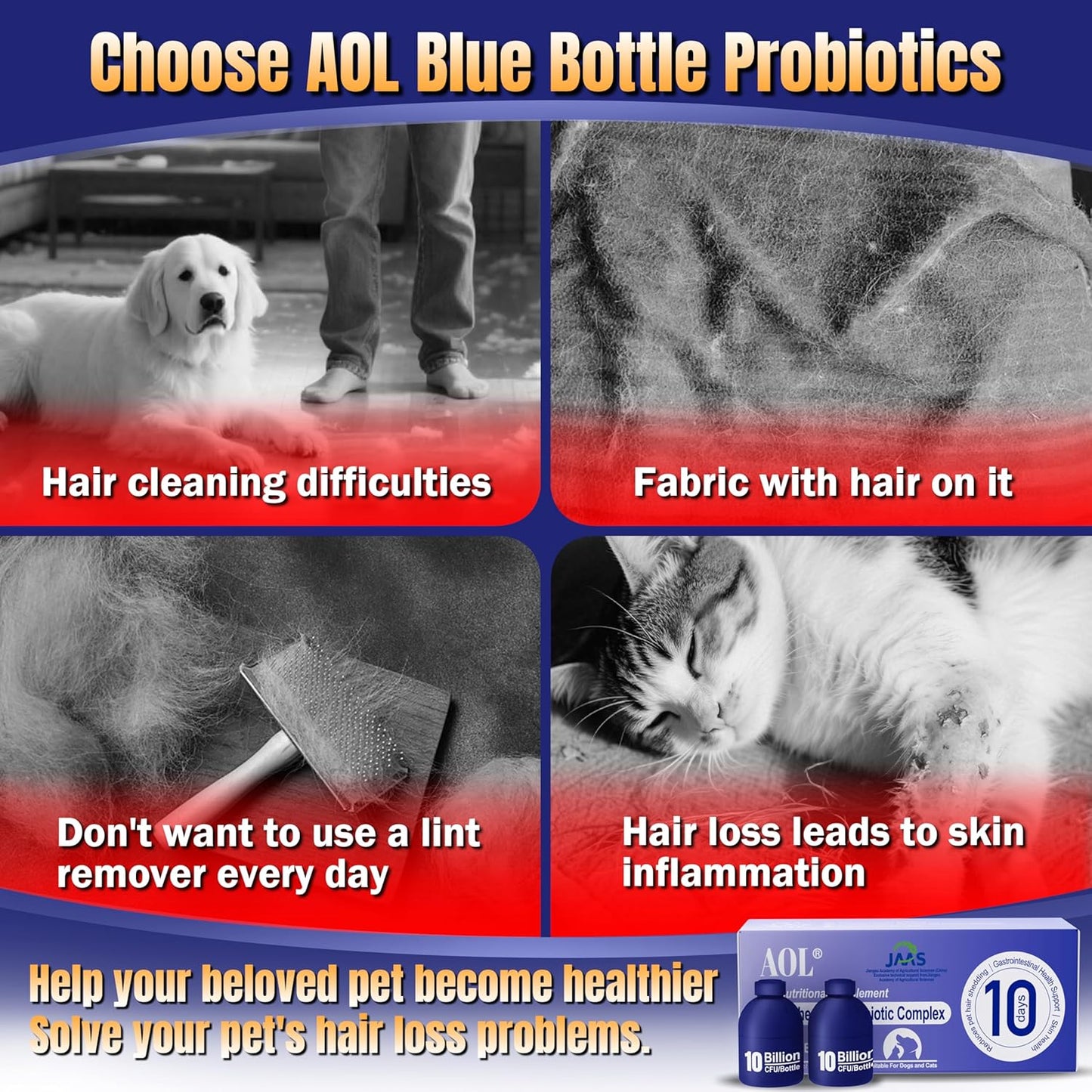AOL Blue Bottle Probiotics - for Dogs and Cats with Hair Loss Symptoms, containing Iron + Zinc + Manganese - Improves Hair Shine - Improves intestinal Health and Immunity - Relieves Diarrhea
