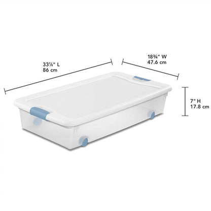 Sterilite 56 Qt Wheeled Latching Storage Box, Stackable Bin with Latch Lid, Plastic Container to Organize Shoes Underbed, Clear with White Lid, 4-Pack