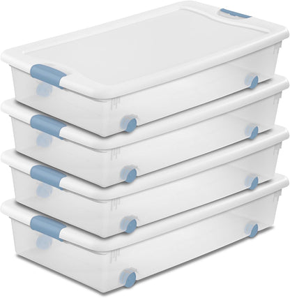 Sterilite 56 Qt Wheeled Latching Storage Box, Stackable Bin with Latch Lid, Plastic Container to Organize Shoes Underbed, Clear with White Lid, 4-Pack