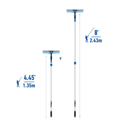Professional 2-in-1 Squeegee and Scrubber, 14” Window Cleaning Tool and 8’ Connect & Clean Pole, Essential Glass Supplies for Commercial and Residential Use, Microfiber Sleeve
