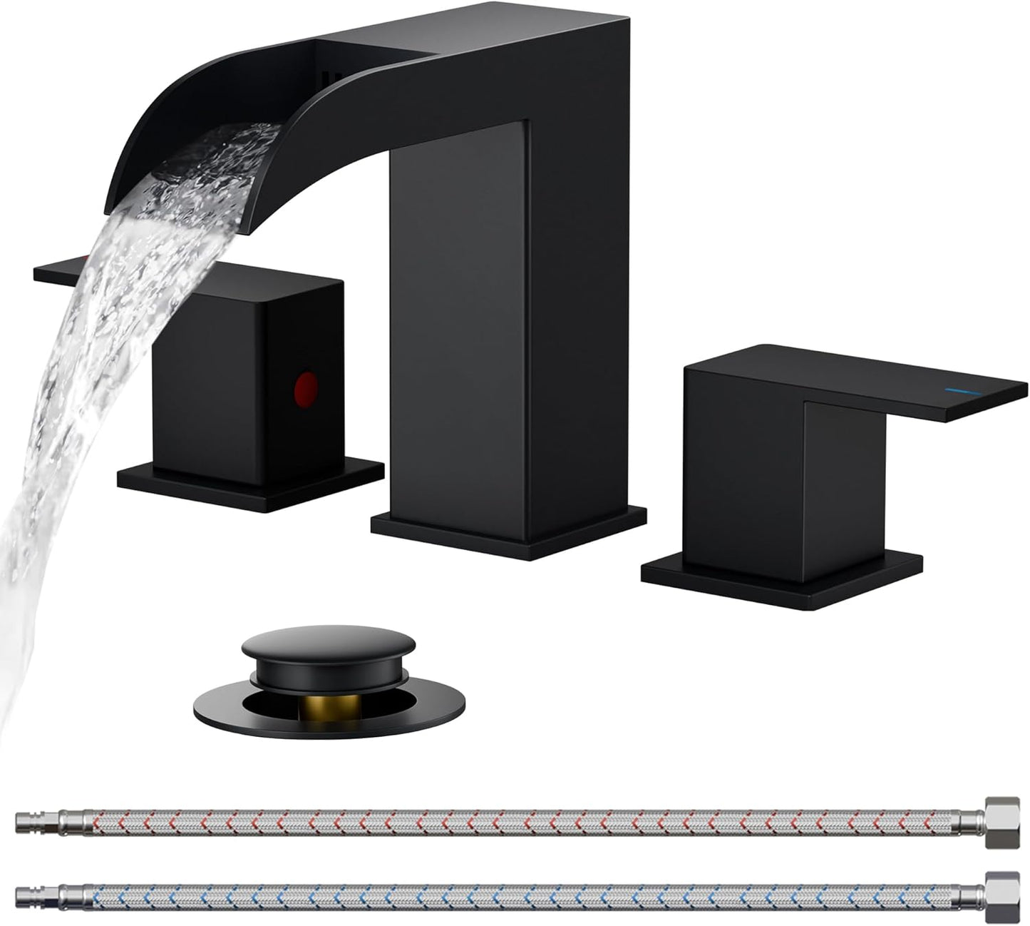 FORIOUS Square Matte Black Waterfall Commercial Bathroom Faucets 3 Hole, 8 Inch Widespread Bathroom Sink Faucet with Metal Pop-up Drain and Supply Lines, Two Handles for Vanity, Lavatory, Restroom