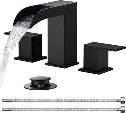 FORIOUS Square Matte Black Waterfall Commercial Bathroom Faucets 3 Hole, 8 Inch Widespread Bathroom Sink Faucet with Metal Pop-up Drain and Supply Lines, Two Handles for Vanity, Lavatory, Restroom