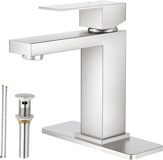 Faustina Brushed Bathroom Faucet,One Hole Bathroom Faucet Single Handle Bathroom Faucet with Pop Up Drain,Bathroom Vanity Faucet 1 Hole RV Sink Faucet Restroom Basin Faucet Stainless Steel