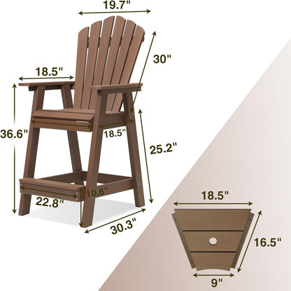 Psilvam Tall Adirondack Chair Set of 2, Poly Lumber Outdoor Bar Stools with Connecting Tray, 350Lbs Support Patio Chairs for Deck, Weather Resistant Outdoor Patio Furniture Sets (Brown)