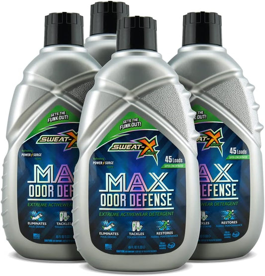 Sweat X Original Max Odor Defense Laundry Detergent – Remove the Worst Odors & Toughest Stains – High Performance Sports Wash for Training Gear & All Fabric Types – 45 Loads/Bottle – 4 Pack