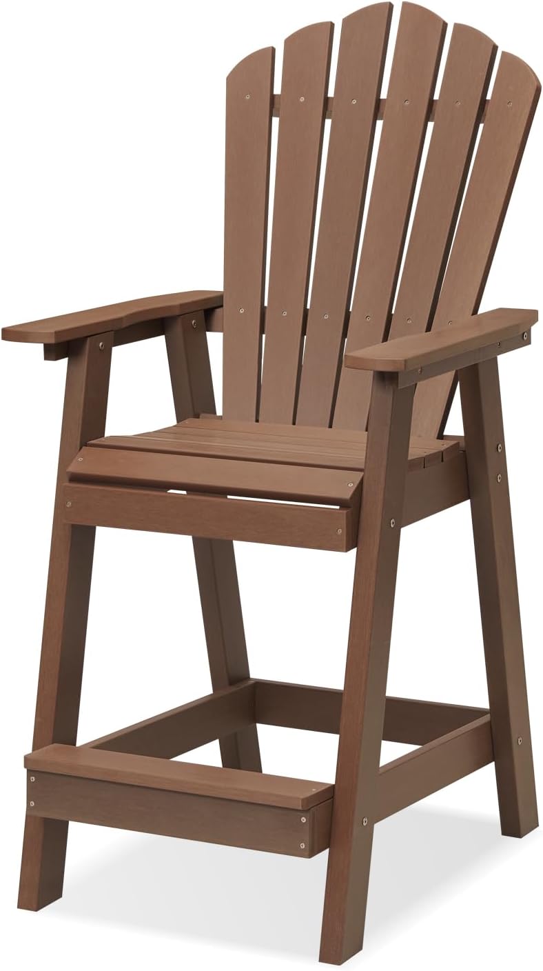 Psilvam Tall Adirondack Chair Set of 2, Poly Lumber Outdoor Bar Stools with Connecting Tray, 350Lbs Support Patio Chairs for Deck, Weather Resistant Outdoor Patio Furniture Sets (Brown)