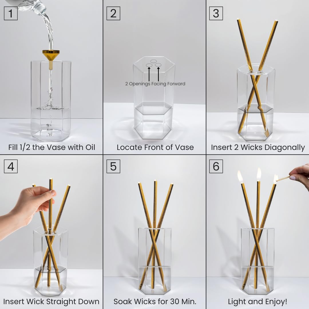 Refillable Candle Set - Unscented Paraffin Oil Candles Set with Metal Candlesticks, Glass Vase & Steel Funnel - Decorative Candles Gift Set for Home Decor, Events and Gifts