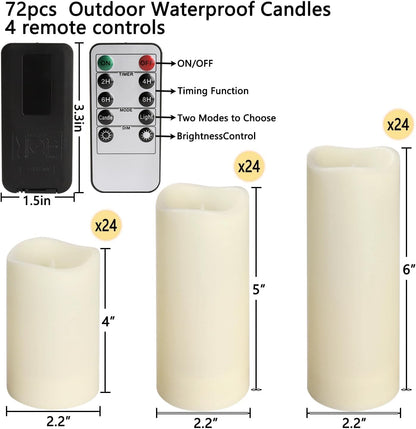Set of 72 Waterproof Outdoor Flameless Candles, LED Candles with 4 Remote and Timer,(H 4" 5" 6" x D 2.2"),for Halloween Wedding Festiv