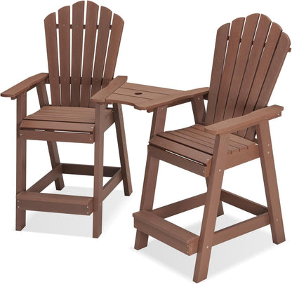 Psilvam Tall Adirondack Chair Set of 2, Poly Lumber Outdoor Bar Stools with Connecting Tray, 350Lbs Support Patio Chairs for Deck, Weather Resistant Outdoor Patio Furniture Sets (Brown)