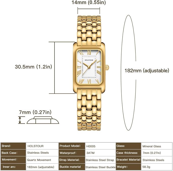 Watches for Women Vintage Bracelet Roman Dial Rectangular Case Gold Watch Waterproof with Tools