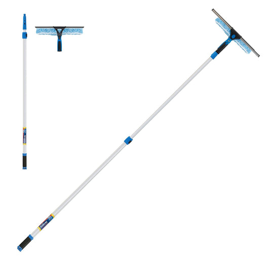 Professional 2-in-1 Squeegee and Scrubber, 14” Window Cleaning Tool and 8’ Connect & Clean Pole, Essential Glass Supplies for Commercial and Residential Use, Microfiber Sleeve